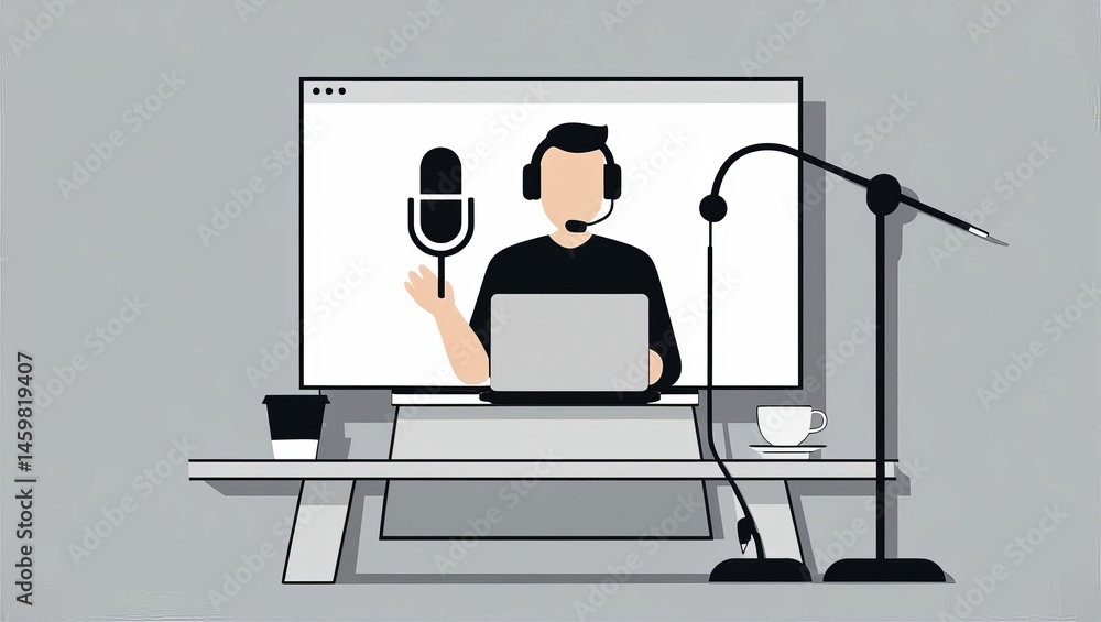 A person podcasting at a desk with a laptop, microphone, headset, and coffee cup, shown in a minimalist, digital illustration style. A person podcasting at a desk with a laptop, microphone, headset, and coffee cup, shown in a minimalist, digital illustration style.