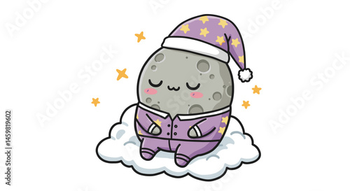 Cute cartoon moon sleeping on a cloud in a purple pajamas  