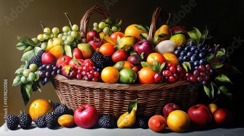 A wicker basket overflowing with fresh colorful fruit
