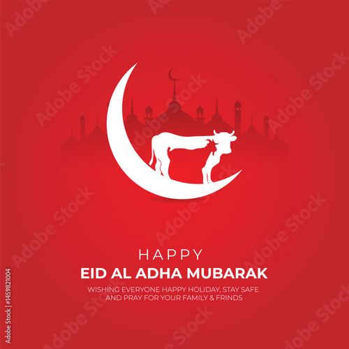 Eid Adha Mubarak Greeting Islamic Illustration Background Vector Design With Arabic calligraphy, door, and Goat for Card, wallpaper, banner, cover.