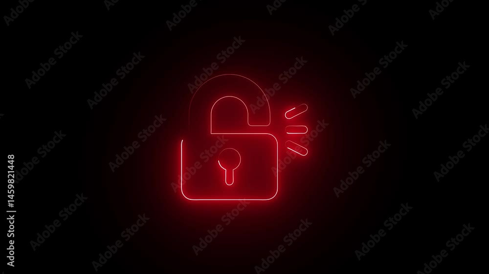 Glowing neon cracked lock unlock icon on background.Unlock sign symbol.Lock unlock Glowing neon cracked lock unlock icon on background.Unlock sign symbol.Lock unlock