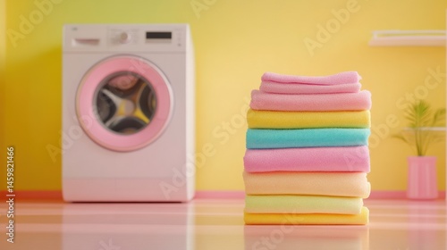Pastel Laundry Day: A Neat Stack of Softly Colored Towels Next to a Pink and White Washing Machine in a Bright, Minimalist Setting