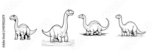 Illustration of four brachiosaurus dinosaurs in black and white outline