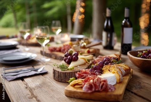 Elegant Outdoor Dining Setup Featuring Charcuterie Board, Fresh Fruits, and Wine Bottles in a Beautiful Natural Setting with Soft Lighting