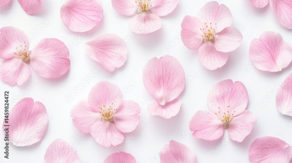 Flat lay pink cherry blossom petals arranged on white background with minimal elegant composition expressing softness freshness romance and simplicity of natural spring beauty with pastel gentle Flat lay pink cherry blossom petals arranged on white background with minimal elegant composition expressing softness freshness romance and simplicity of natural spring beauty with pastel gentle