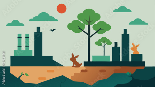 Reclaimed Land A powerful landscape image showing a factory slowly being overtaken by nature. Vines are wrapping around giant machines and small animals like rabbits and squirrels