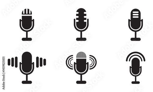 Microphone vector icon set. Studio voice recording. Microphone Icons, Audio Recording Symbols, Podcasting Icons, Broadcasting Symbols, Sound Recording Icons, Microphone Illustrations