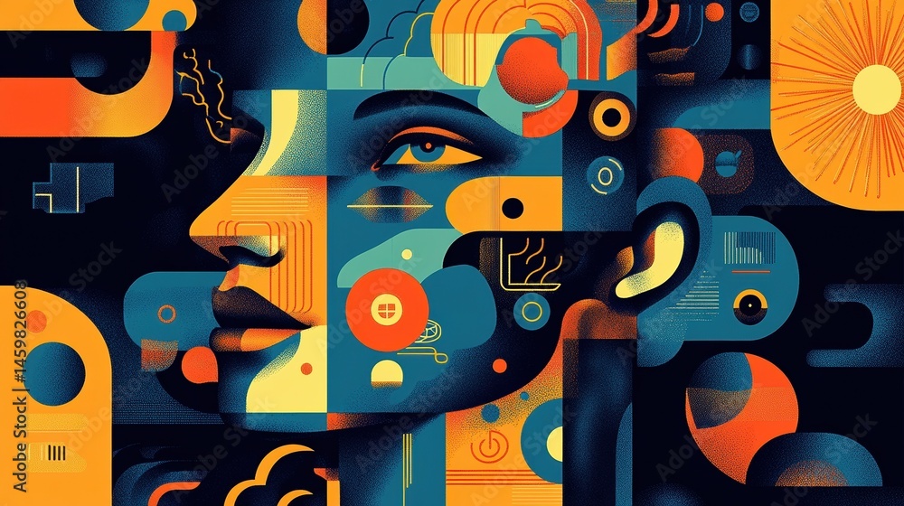 Mural, abstract mental health symbols, calming tones, flat design illustration Mural, abstract mental health symbols, calming tones, flat design illustration