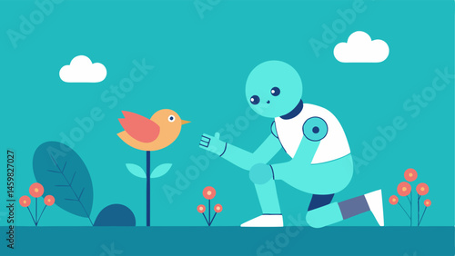 Playful Interaction The robot is kneeling on one knee in the park with a gentle expression on its face. The tiny bird is playfully hopping around the robots outstretched hand which