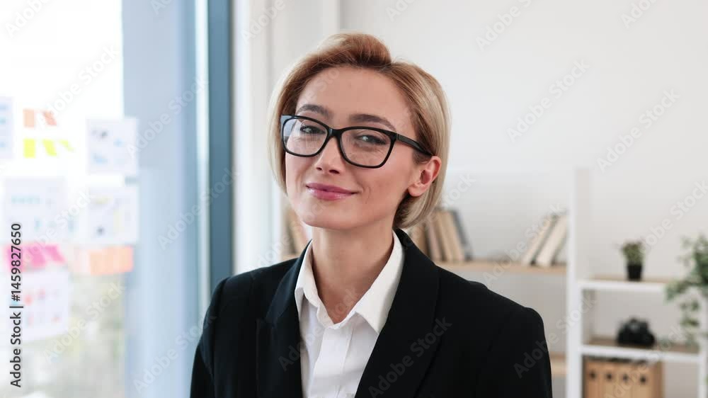 Professional adult female with confident look wearing formal suit in modern office. Business workspace with desk, plants, and shelves in background. Represents success, professionalism, motivation Professional adult female with confident look wearing formal suit in modern office. Business workspace with desk, plants, and shelves in background. Represents success, professionalism, motivation
