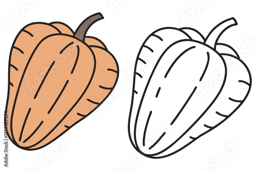 A cute orange bell pepper displays with a black line drawing version; isolated on white background