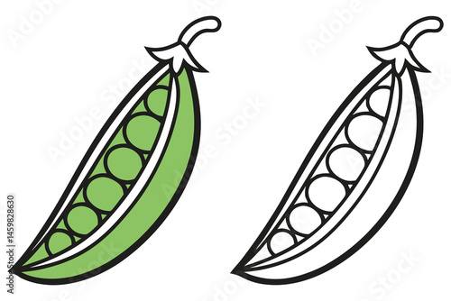 Fresh green pea pod alongside its outline version showcases organic simplicity isolated on white background