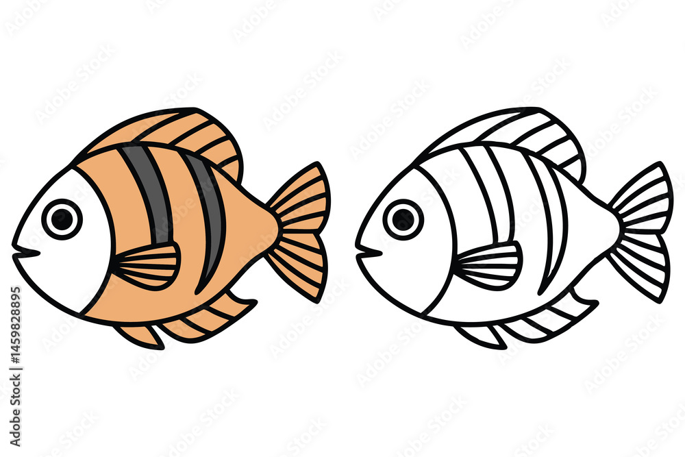 Obraz premium Cartoon tan fish with black stripes sits near its coloring book outline
