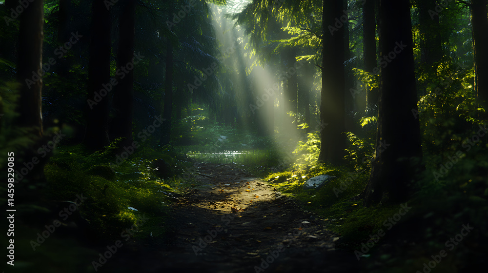 Fototapeta premium A forest path surrounded by towering trees with sunlight filtering through, leading to a peaceful lake in a mountain valley.