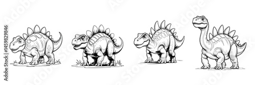 Four outlined stegosaurus dinosaurs standing in a row on white background