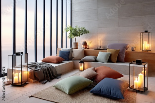 Cozy lounge area with pillow seating and ambient lantern lighting