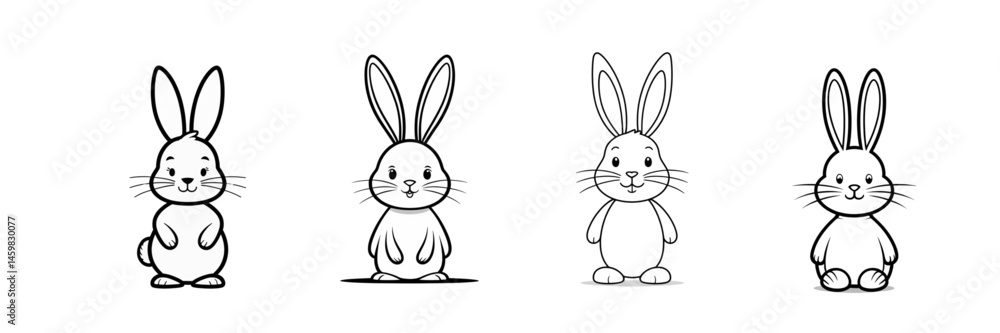 Four outlined cartoon bunnies with long ears in a row on a white background Four outlined cartoon bunnies with long ears in a row on a white background