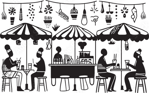 Silhouette Illustration of an Outdoor Café Scene with People Sitting Under Umbrellas