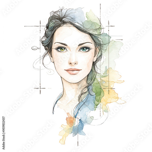 A beautiful woman is depicted in watercolor illustration on a white background.
