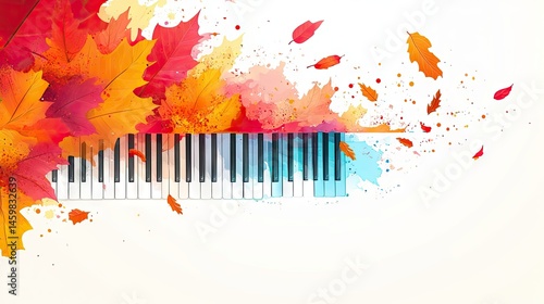 Piano with Autumn Leaves Watercolor Illustration