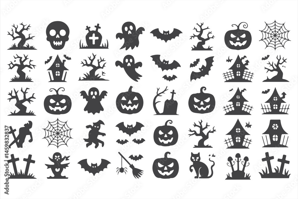 Fototapeta premium Silhouettes of Haunted Houses, Pumpkins, and Spooky Trees for Halloween Deco