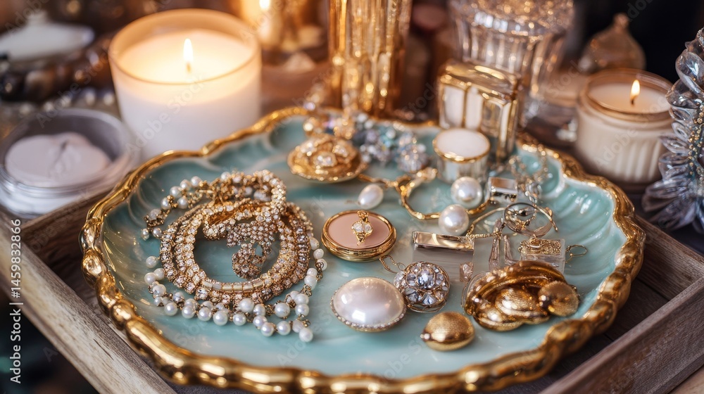 Fototapeta premium Gold jewelry and pretty things arranged on a ceramic tray. A cozy, feminine scene with candles and makeup. 