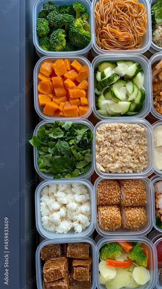 Explore vibrant meal prep featuring fresh vegetables, grains, and proteins in neat containers, ideal for healthy eating throughout the week Explore vibrant meal prep featuring fresh vegetables, grains, and proteins in neat containers, ideal for healthy eating throughout the week