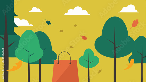 Shopping Windfall A gust of air blowing through a forest tering leaves on one side while on the other side its filled with shopping bags flying through the air representing waste.
