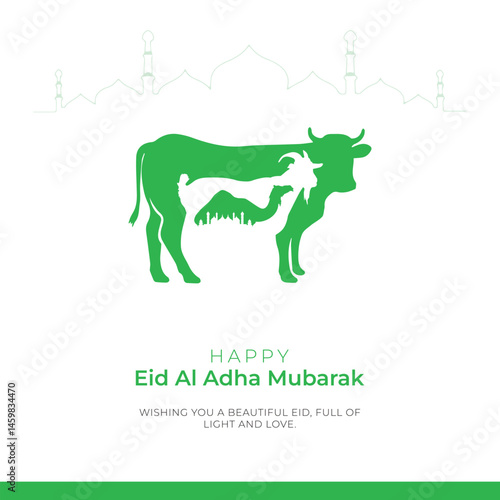 Eid Adha Mubarak Greeting Islamic Illustration Background Vector Design With Arabic calligraphy, door, and Goat for Card, wallpaper, banner, cover.