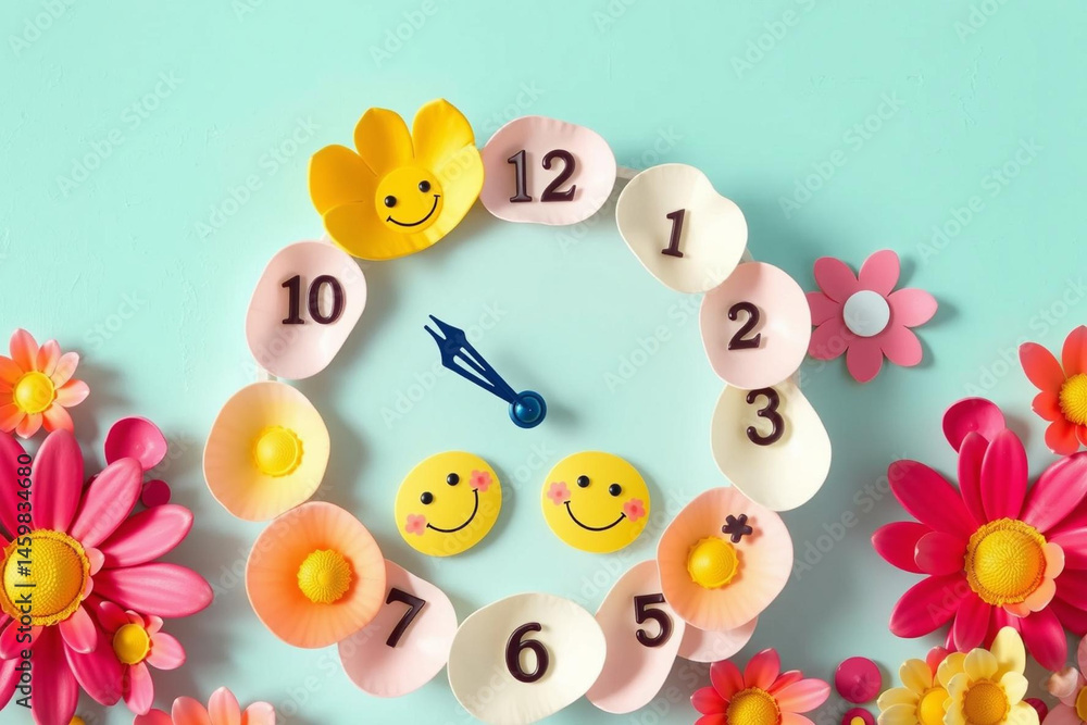 Fototapeta premium Whimsical Clock Surrounded by Vibrant Flowers and Smiley Faces on a Soft Blue Background