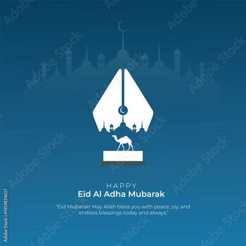 Eid Adha Mubarak Greeting Islamic Illustration Background Vector Design With Arabic calligraphy, door, and Goat for Card, wallpaper, banner, cover.