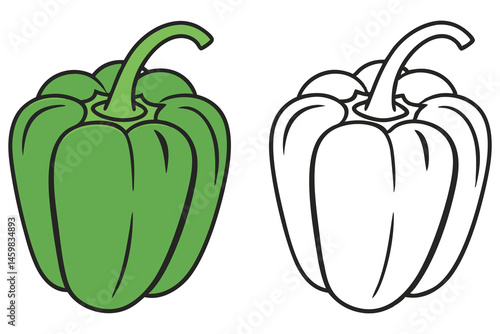 Bold green pepper stands beside its monochrome outline against a white background