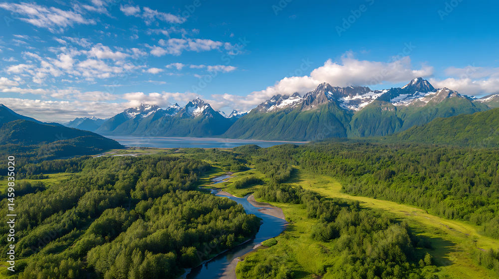 Fototapeta premium Snowy mountains of Alaska, landscape with forests, valleys, and rivers in daytime. Serene wilderness nature composition background wallpaper, travel destination, adventure outdoors 050625