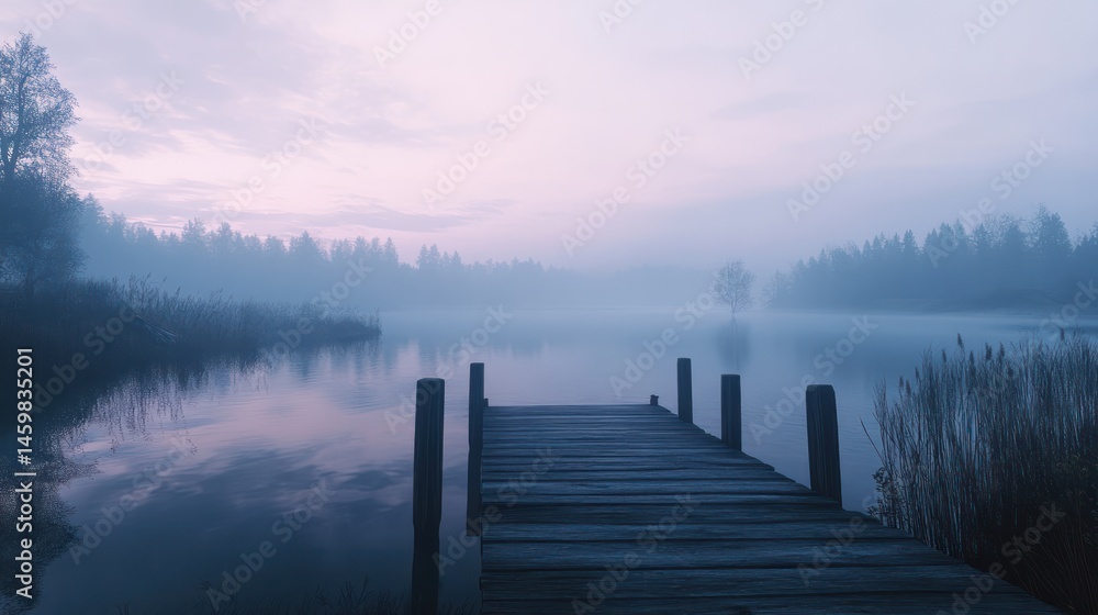 Naklejka premium Misty lake vista with a tranquil wooden pier.