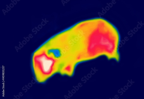 A small animal with short legs. Marmot, ground hog, red monk. Image thermal imager device.