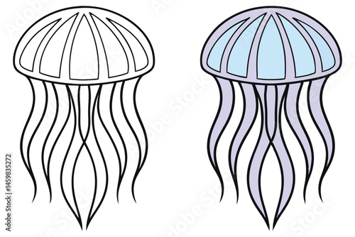 Black outlined jellyfish next to a blue jellyfish float against a white background