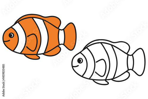 One clownfish is orange, while the other clownfish is black and white isolated on white background