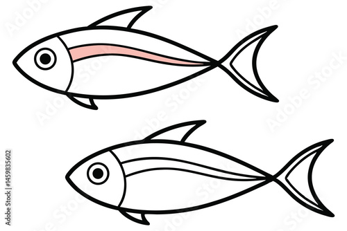 Two minimalistic fish outlines with bold black lines present a simple underwater aesthetic isolated on white background
