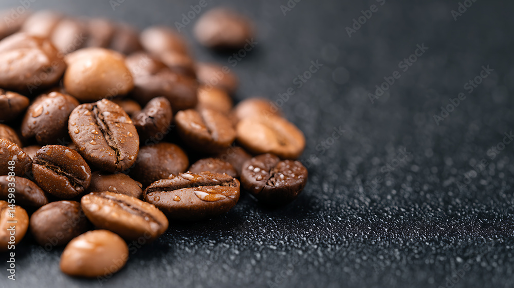 Fresh clean wet coffee beans close up cinematic background wallpaper backdrop. Dew, water drops, refreshing, rich dark colors, brown, brewing process, product shot 050625 Fresh clean wet coffee beans close up cinematic background wallpaper backdrop. Dew, water drops, refreshing, rich dark colors, brown, brewing process, product shot 050625