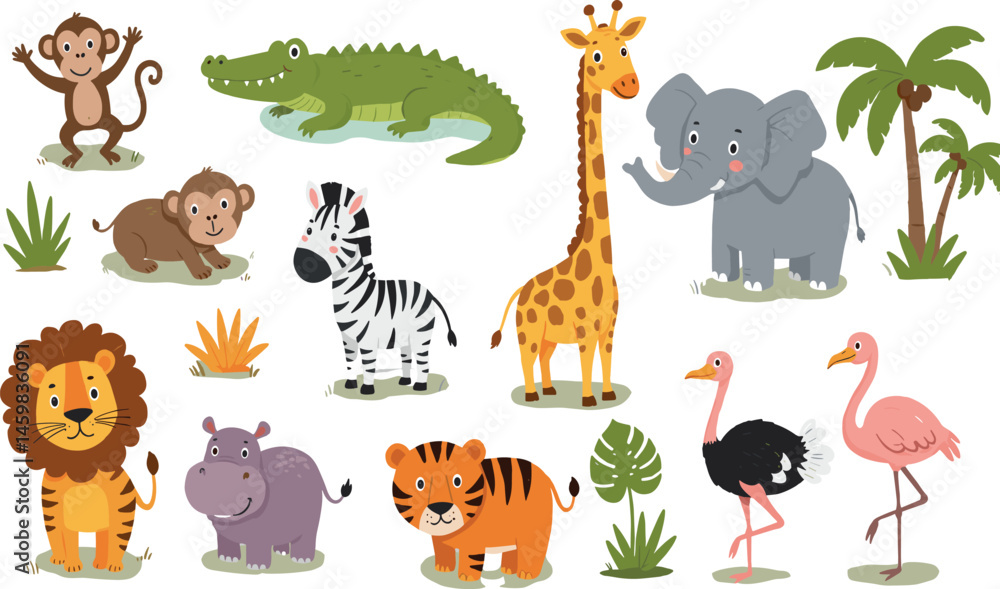 Obraz premium Jungle animals. Cute safari wild mammals. Funny exotic mammal, bird and reptile. Elephant, parrot, lion, crocodile, turtle and palm tree.