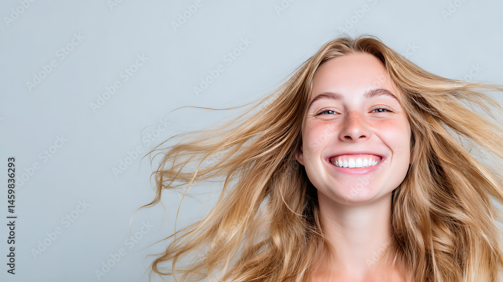 Fototapeta premium Young blonde woman with healthy flowing hair smiling and laughing. Copy space, shampoo, conditioner, dye product, gray background 050625
