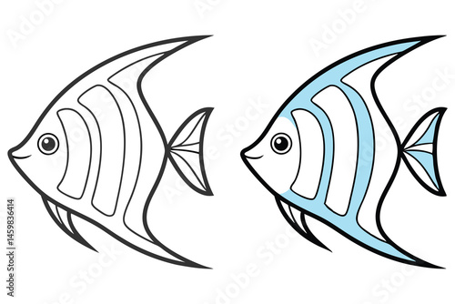 Angelfish outlines shows one plain black and other with light blue fills are isolated on white background