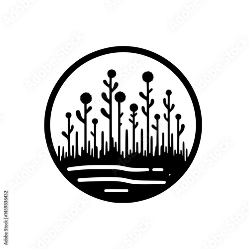 Minimalist Botanical Circle Design - Black & White Silhouette