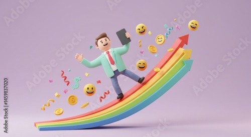 Happy Businessman Riding Rainbow Growth Arrow with Emojis and Coins