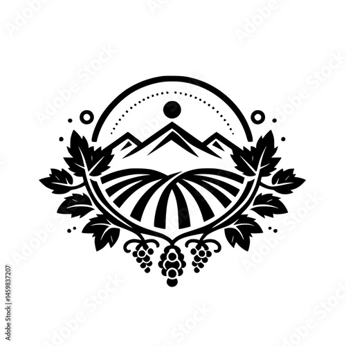 Wine Country Logo: Vineyard & Mountain Silhouette, Monochromatic Design