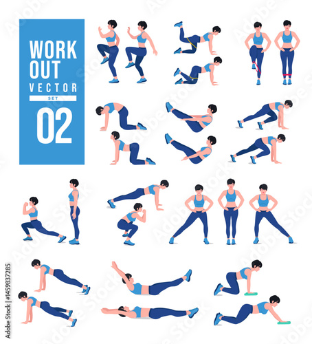Women Workout Set. Women doing fitness and yoga exercises. Lunges, Pushups, Squats, Dumbbell rows, Burpees, Side planks, Situ ps, Glute bridge, Leg Raise, Russian Twist, Side Crunch .etc