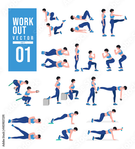 Women Workout Set. Women doing fitness and yoga exercises. Lunges, Pushups, Squats, Dumbbell rows, Burpees, Side planks, Situ ps, Glute bridge, Leg Raise, Russian Twist, Side Crunch .etc
