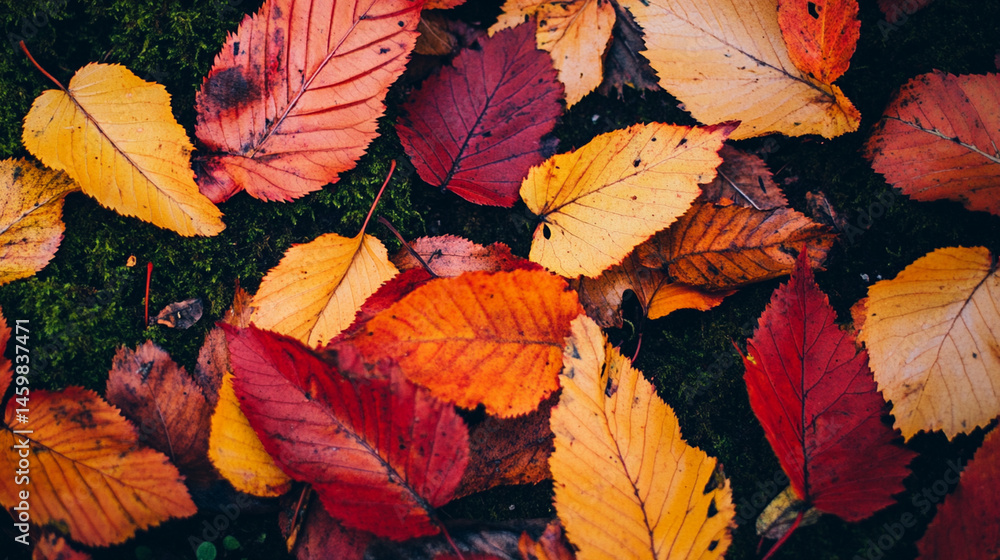 Close-up of red and orange leaves lying across a bed of moss Close-up of red and orange leaves lying across a bed of moss