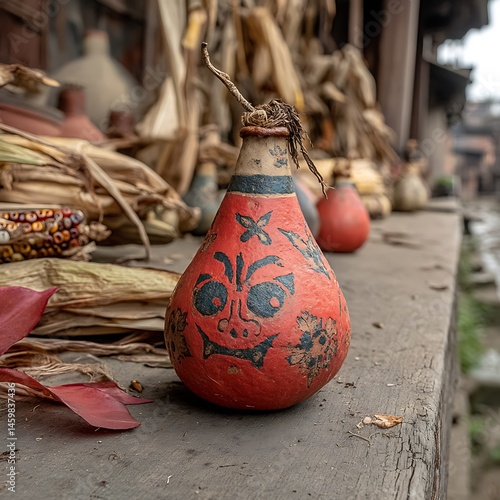 A gourd shaped object is standing on a surface. The object has a painted face and is surrounded by corn husks, cobs, leaves, and other similar objects photo