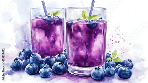 Watercolor illustration of non-alcoholic drinks on white background. Watercolor Illustration of Blueberry Juice.